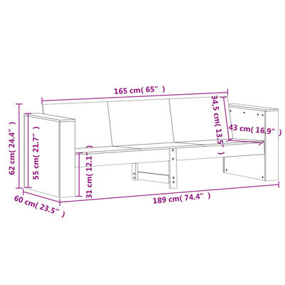 vidaXL Sofa ogrodowa, 3-osobowa, woskowy brąz, 189x60x62 cm, sosna