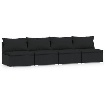 vidaXL 4-osobowa sofa z poduszkami, czarna, polirattan