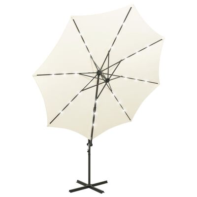 vidaXL Parasol wiszący z lampkami LED i słupkiem, 300 cm, piaskowy