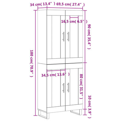 vidaXL Witrynka, czarna, 69,5x34x180 cm, materiał drewnopochodny