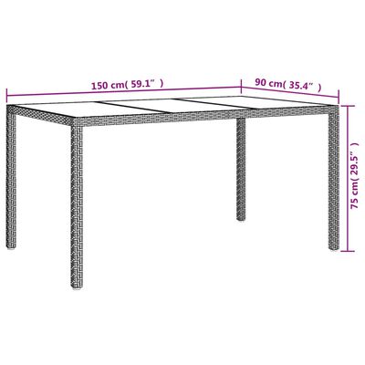 vidaXL Stół ogrodowy, 150x90x75 cm, szkło i rattan PE, szary