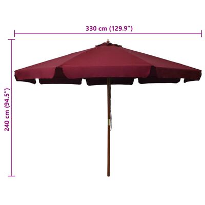 vidaXL Parasol ogrodowy na drewnianym słupku, 330 cm, burgundowy