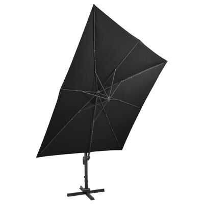 vidaXL Parasol wiszący z lampkami LED i słupkiem, 300 cm, czarny