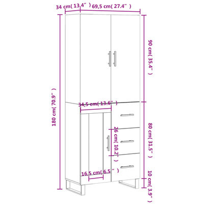 vidaXL Witrynka biała połysk 69,5x34x180 cm materiał drewnopochodny