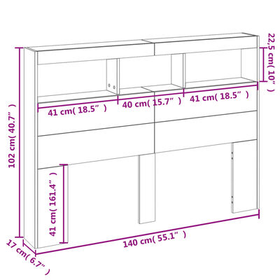 vidaXL Zagłówek z półkami i LED, szarość betonu, 140x17x102 cm