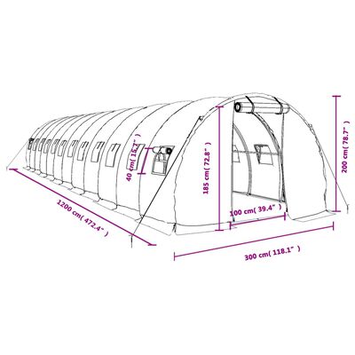 vidaXL Szklarnia ze stalową ramą, biała, 36 m², 12x3x2 m