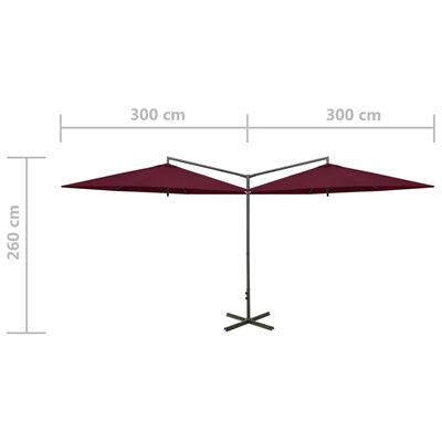 vidaXL Podwójny parasol ogrodowy, stalowy słupek, bordowy, 600 cm