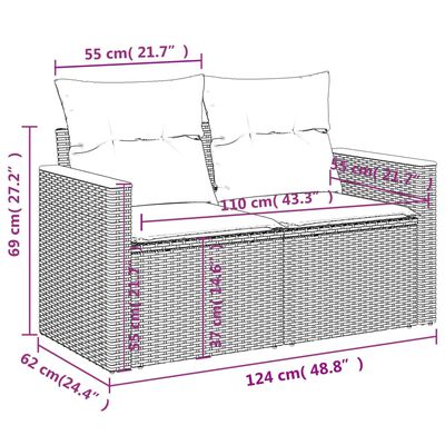 vidaXL Sofa ogrodowa z poduszkami, 2-osobowa, szara, polirattan