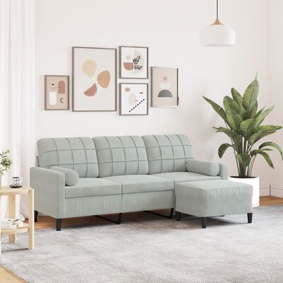 vidaXL 3-osobowa sofa z podnóżkiem, jasnoszara, 180 cm, aksamit