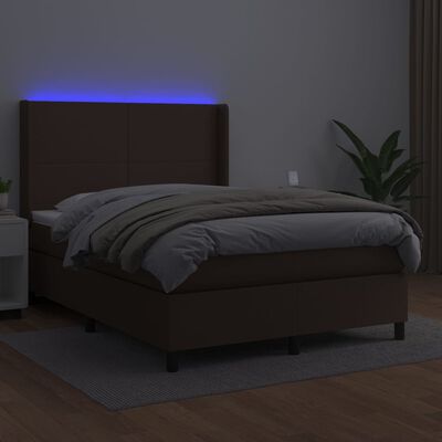 vidaXL Łóżko kontynentalne z materacem i LED, brąz, ekoskóra 140x200cm