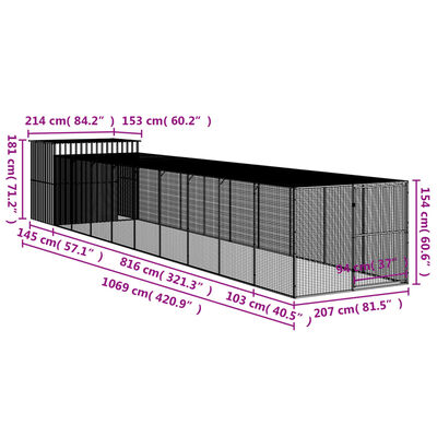 vidaXL Buda dla psa, z wybiegiem, jasnoszara, 214x1069x181 cm, stal