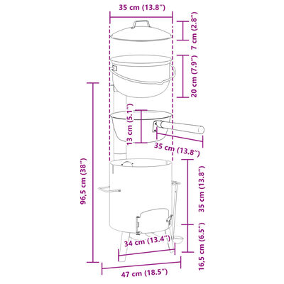 vidaXL Kociołek z paleniskiem, kominem i pokrywą, stal, czarna emalia