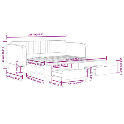 vidaXL Sofa rozsuwana z szufladami, jasnoszara, 100x200 cm, aksamit