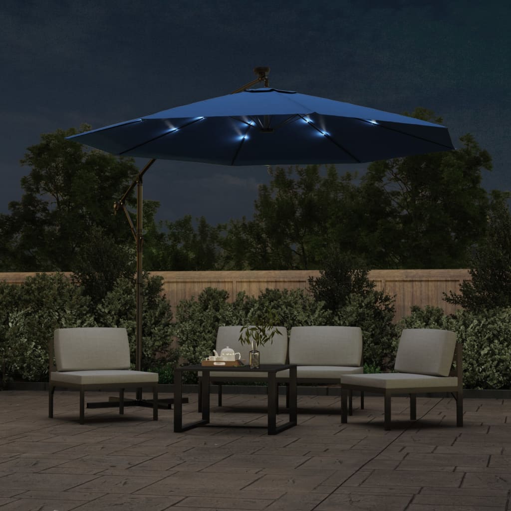 vidaXL Parasol wiszący z LED i stalowym słupkiem, 300 cm, niebieski