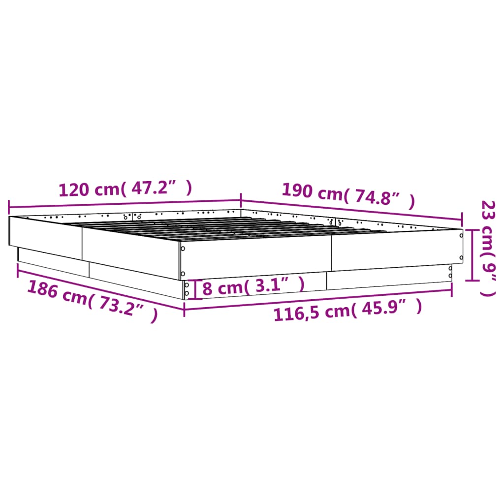 vidaXL Rama łóżka z oświetleniem LED, szarość betonu, 120x190 cm