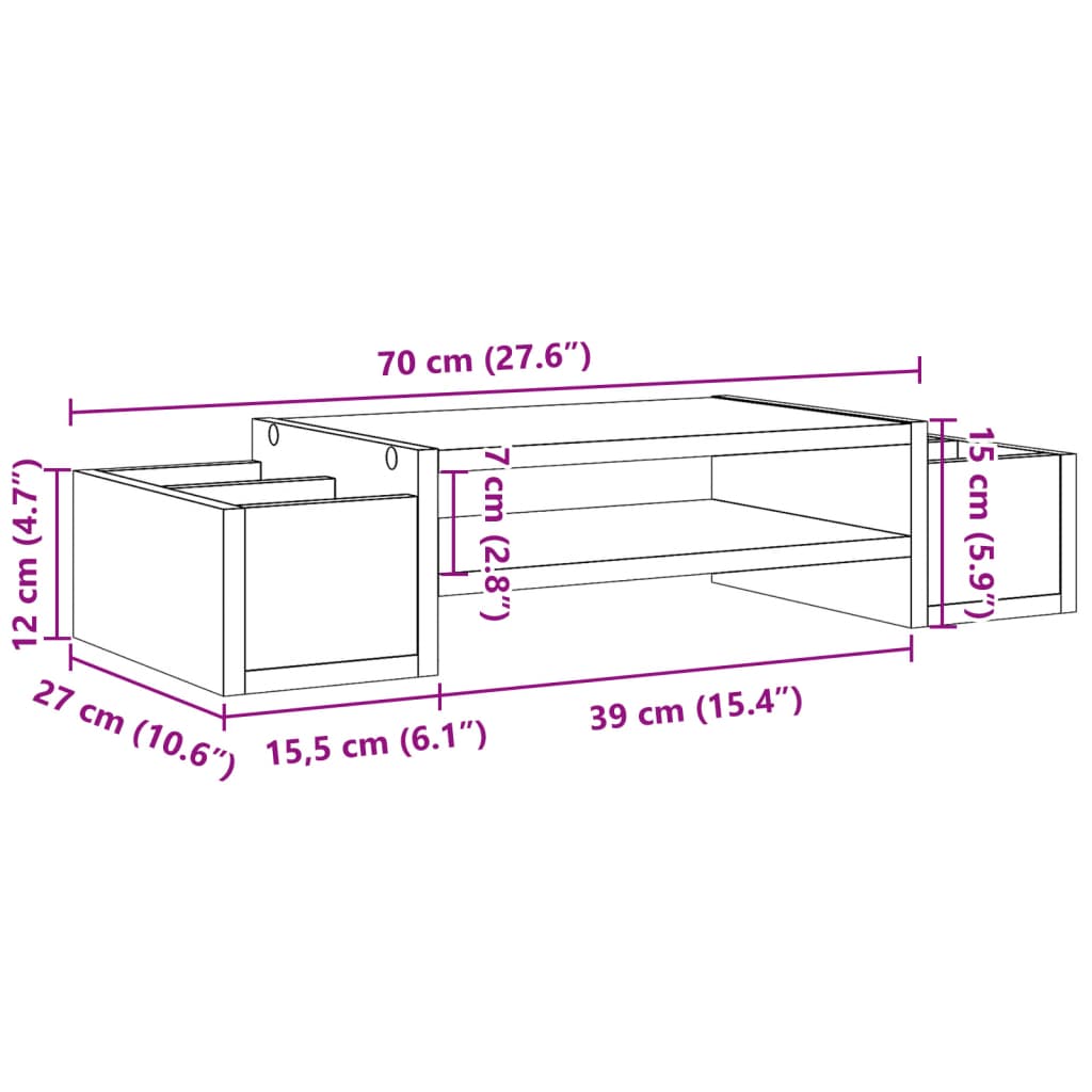 vidaXL Podstawka pod monitor, z przegrodami, opalany dąb, 70x27x15 cm