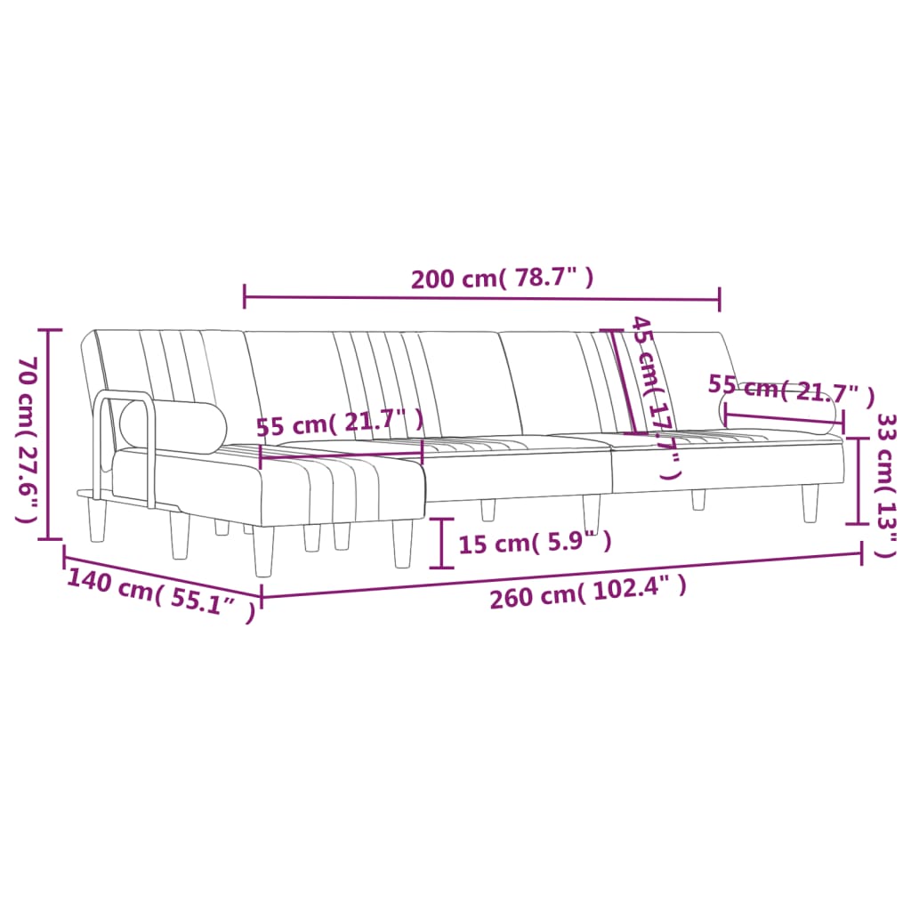 vidaXL Sofa rozkładana L, jasnoszara, 260x140x70 cm, aksamit