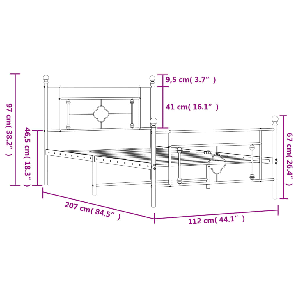 vidaXL Metalowa rama łóżka z wezgłowiem i zanóżkiem, czarna, 107x203cm