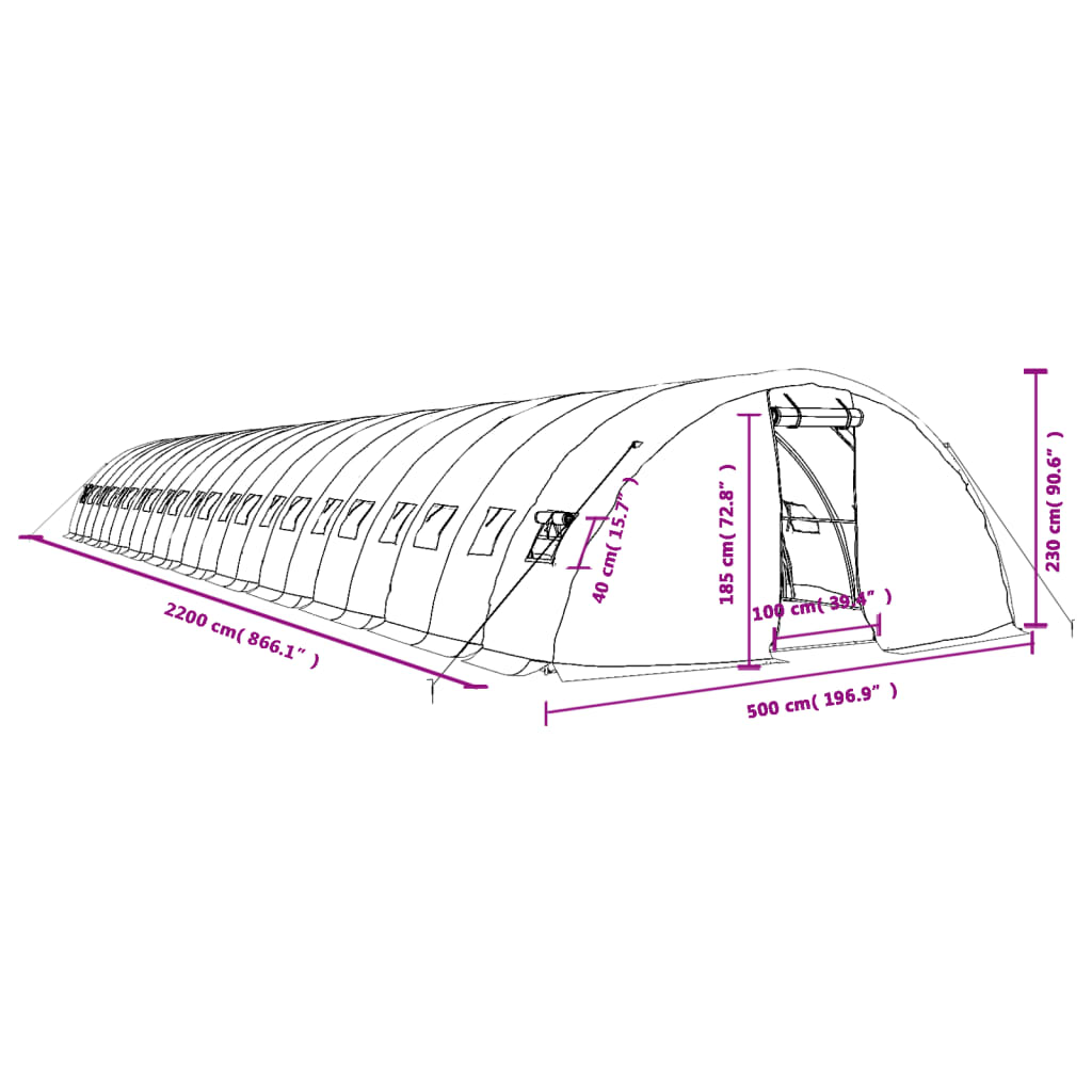 vidaXL Szklarnia ze stalową ramą, zielona, 110 m², 22x5x2,3 m