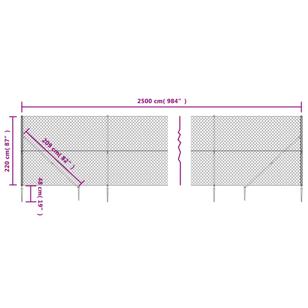 vidaXL Ogrodzenie z siatki, z kotwami, srebrne, 2,2x25 m