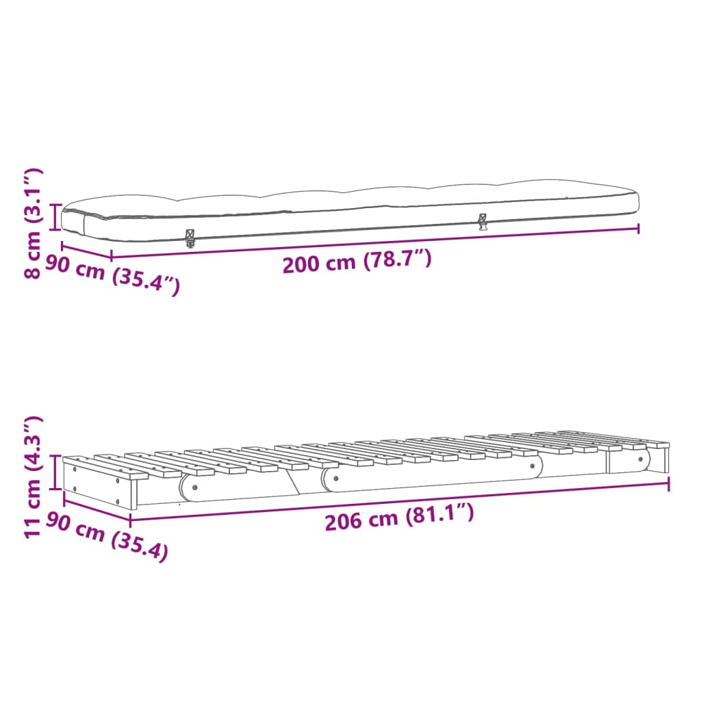 vidaXL Sofa rozkładana typu futon, z materacem, 90x206x11 cm, sosnowa