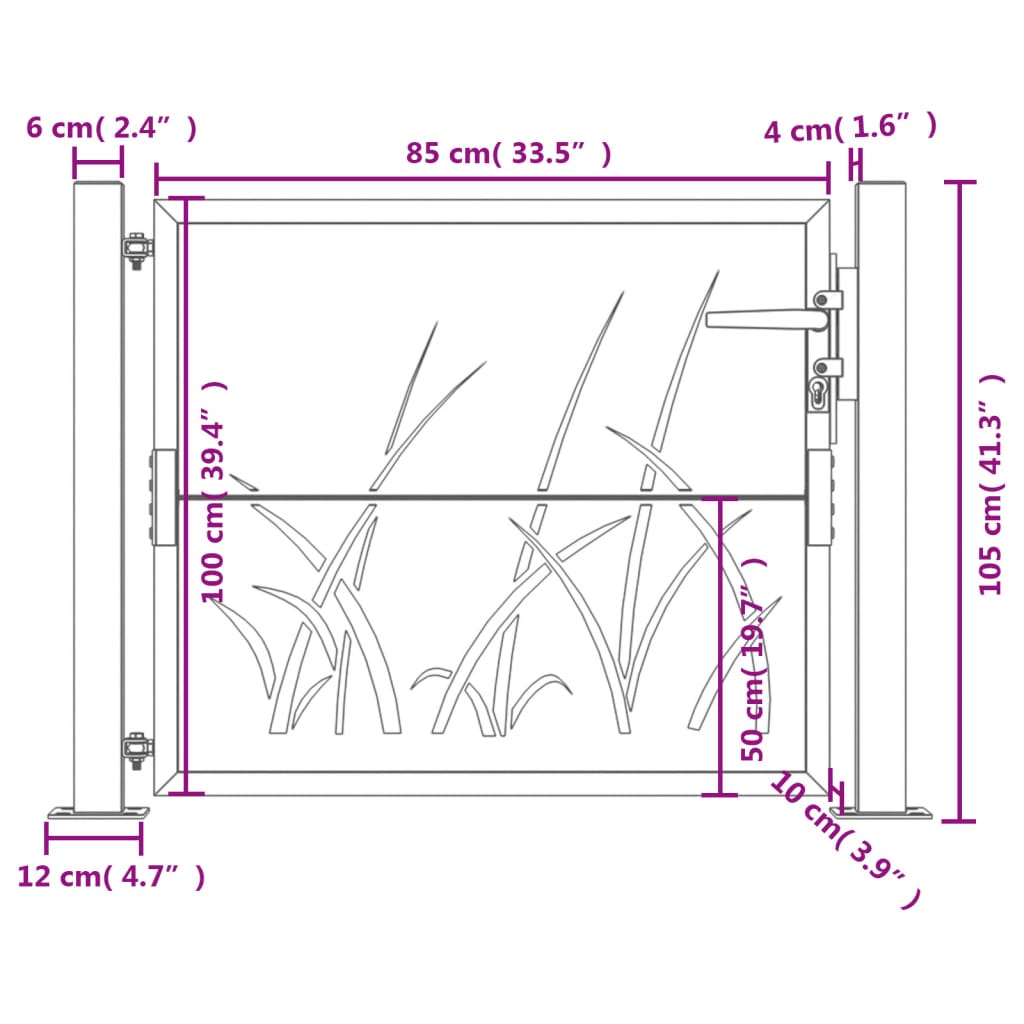 vidaXL Furtka ogrodowa, antracytowa, 105x105 cm, stal, motyw trawy