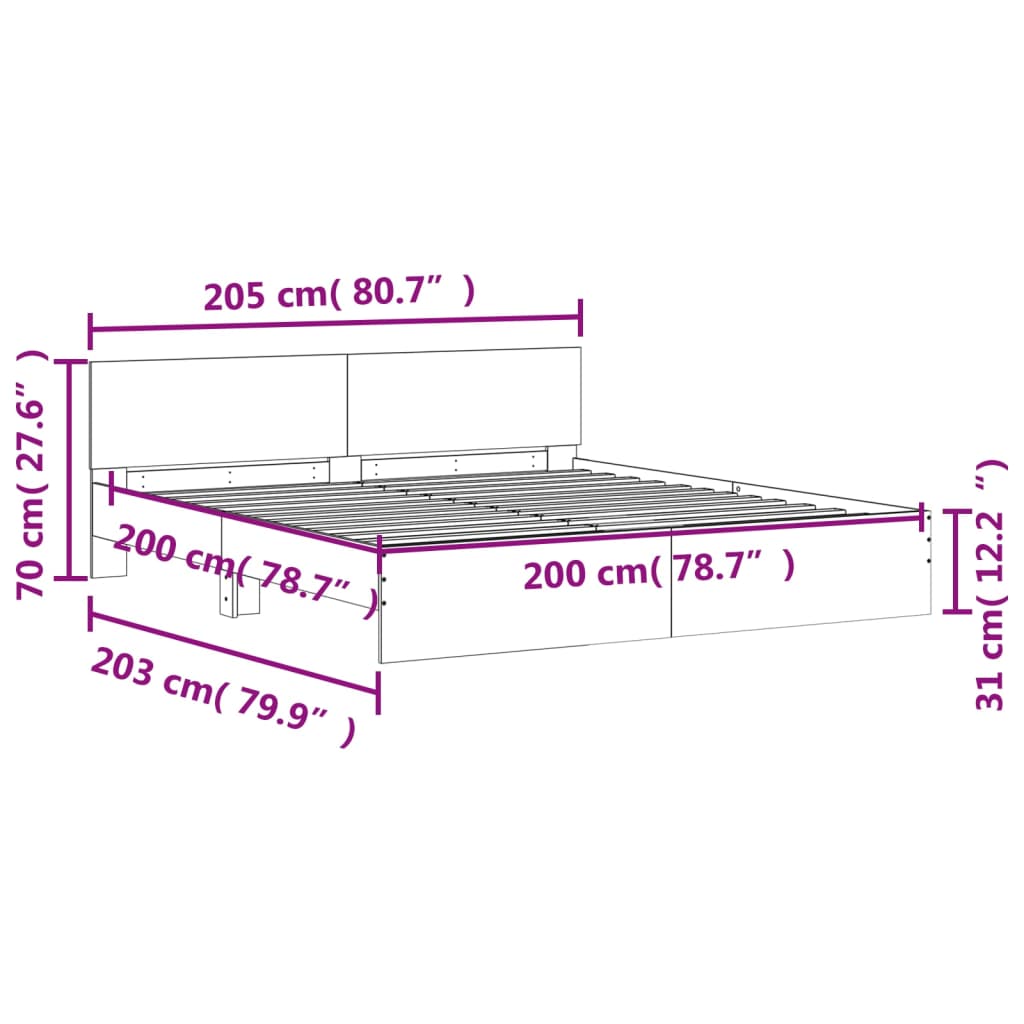 vidaXL Rama łóżka z wezgłowiem i LED, biała, 200x200 cm