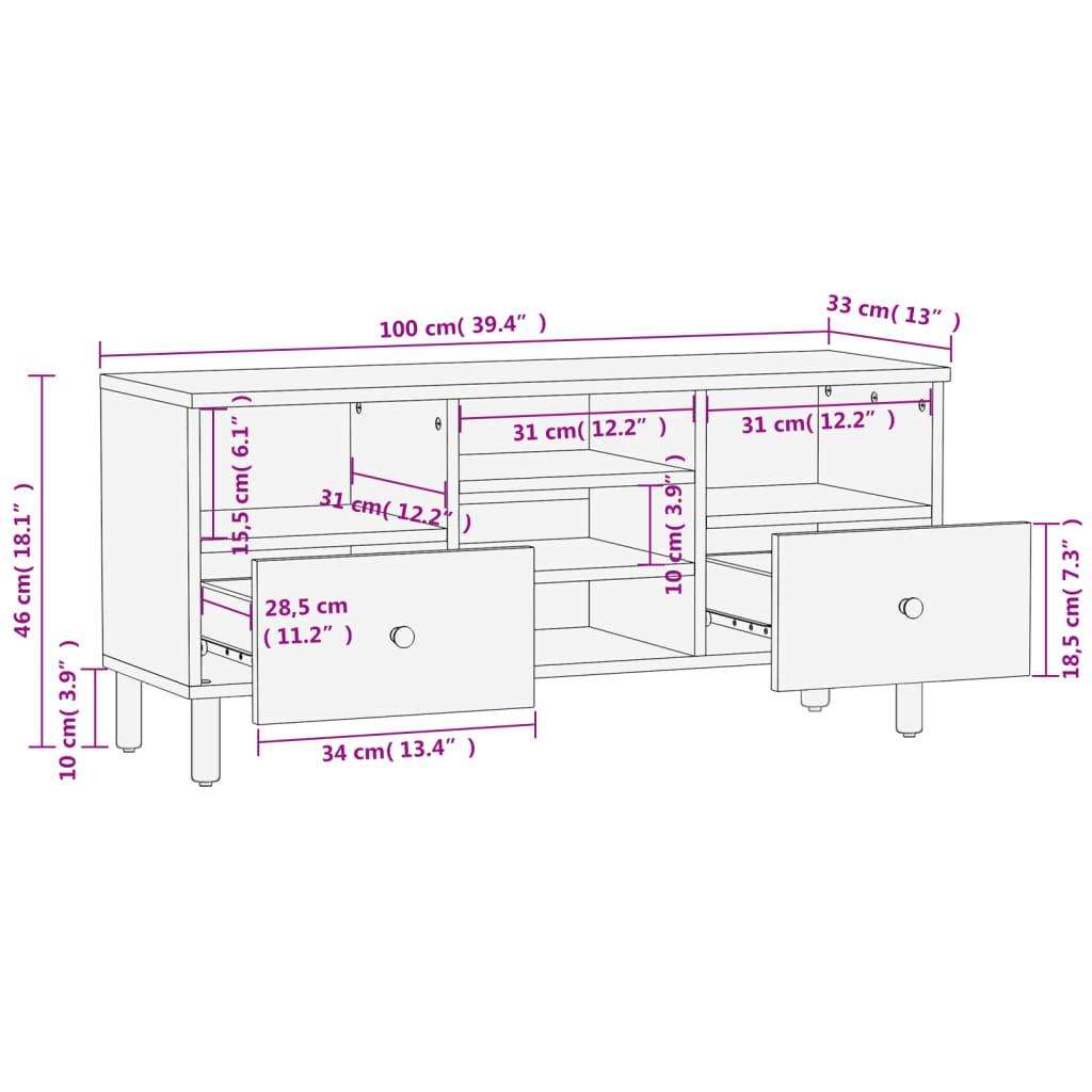 vidaXL Szafka pod telewizor, czarna, 100x33x46 cm, lite drewno mango