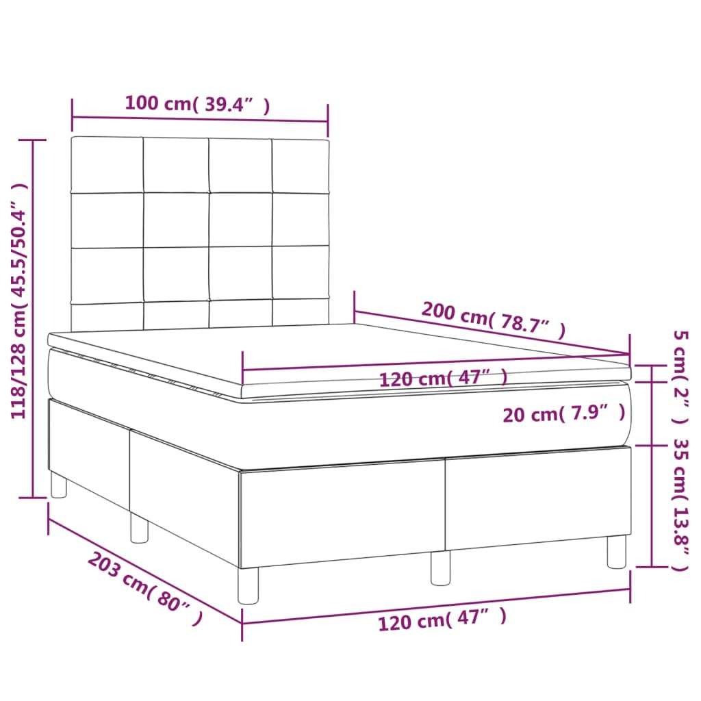 vidaXL Łóżko kontynentalne z materacem i LED, różowy aksamit 120x200cm