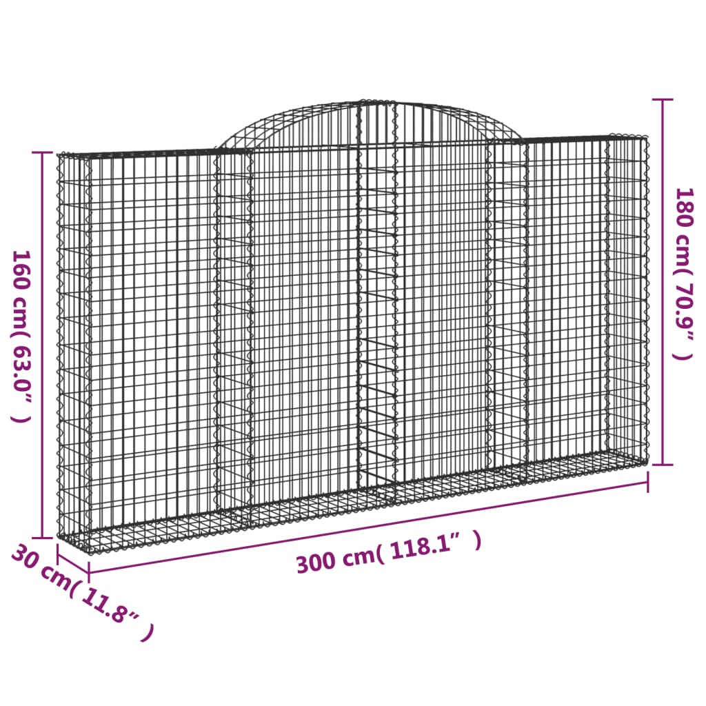 vidaXL Kosze gabionowe, 7 szt, 300x30x160/180 cm, galwanizowane żelazo