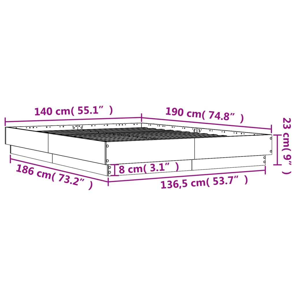 vidaXL Rama łóżka z oświetleniem LED, szary dąb sonoma, 140x190 cm