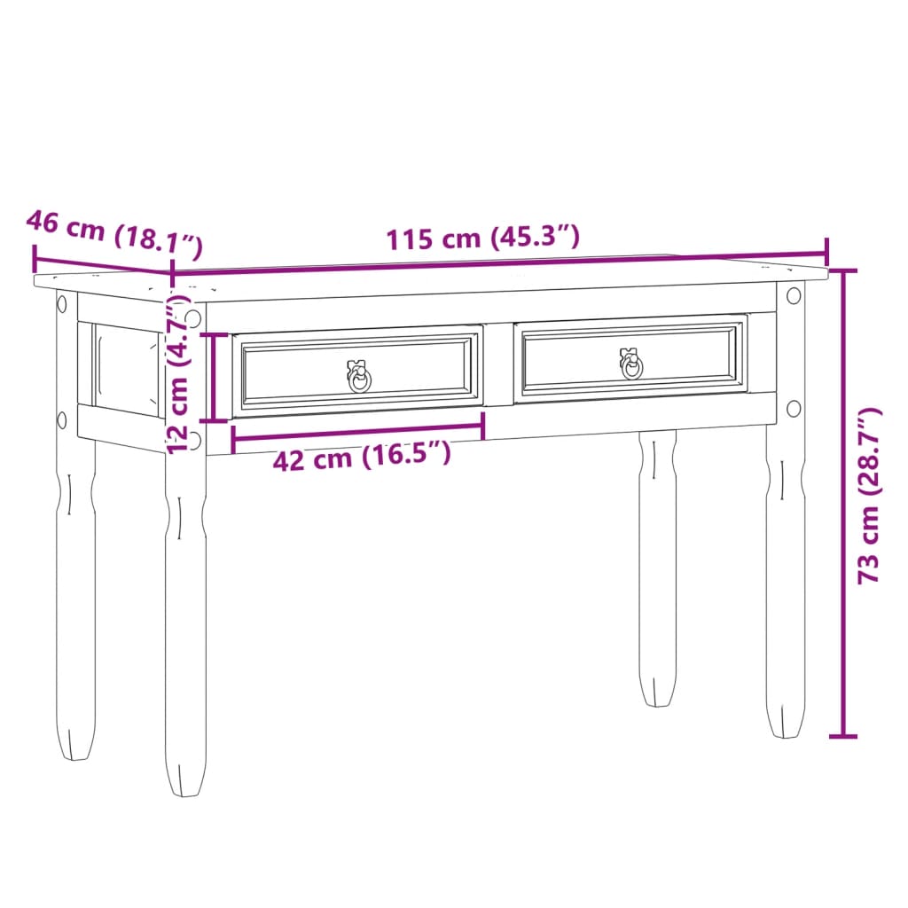 vidaXL Stolik konsolowy Corona, 115x46x73 cm, lite drewno sosnowe