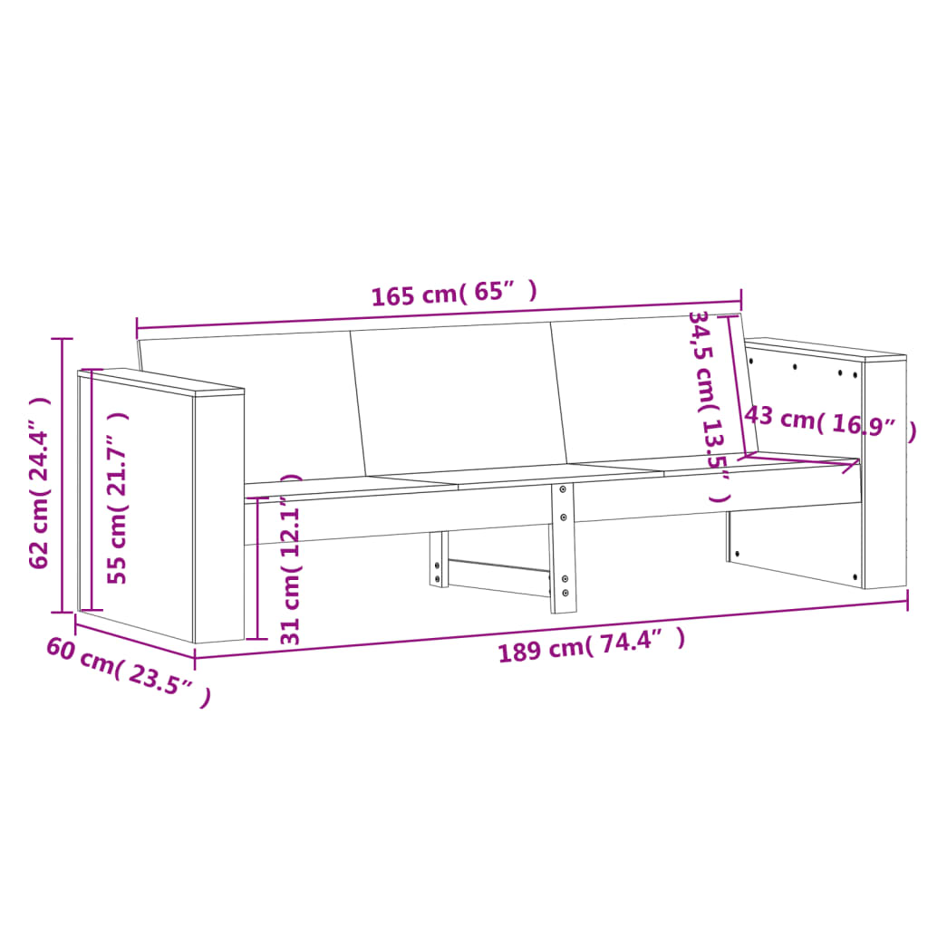 vidaXL Sofa ogrodowa, 3-osobowa, biała, 189x60x62 cm, drewno sosnowe