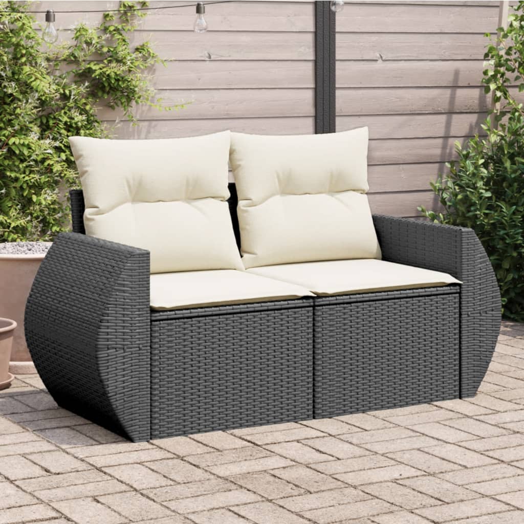 vidaXL Sofa ogrodowa z poduszkami, 2-osobowa, czarna, polirattan