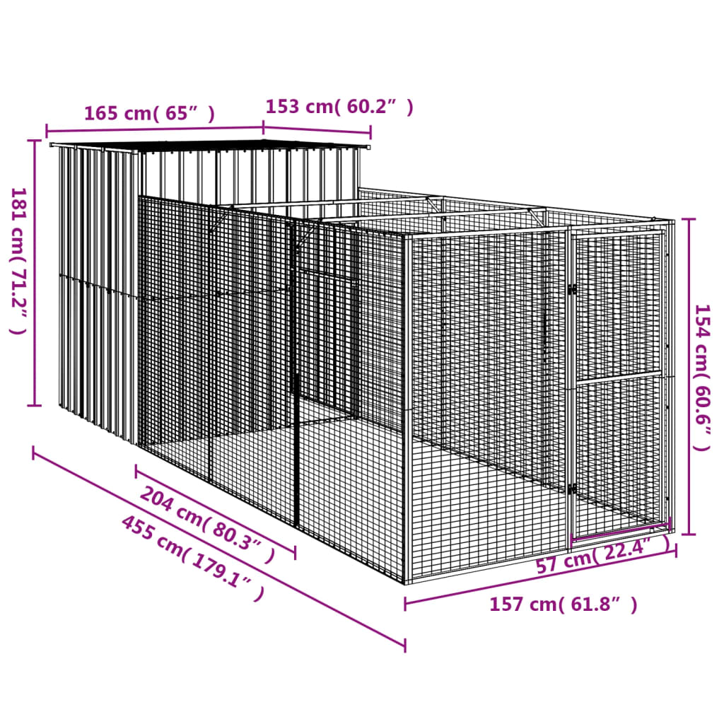 vidaXL Buda dla psa, z wybiegiem, jasnoszara, 165x455x181 cm, stal