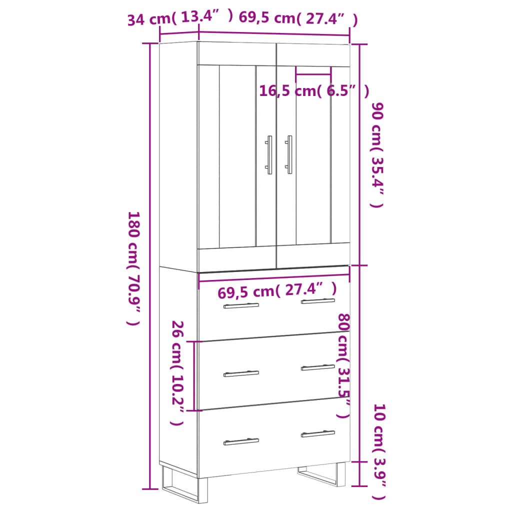 vidaXL Witrynka, szarość betonu 69,5x34x180 cm materiał drewnopochodny