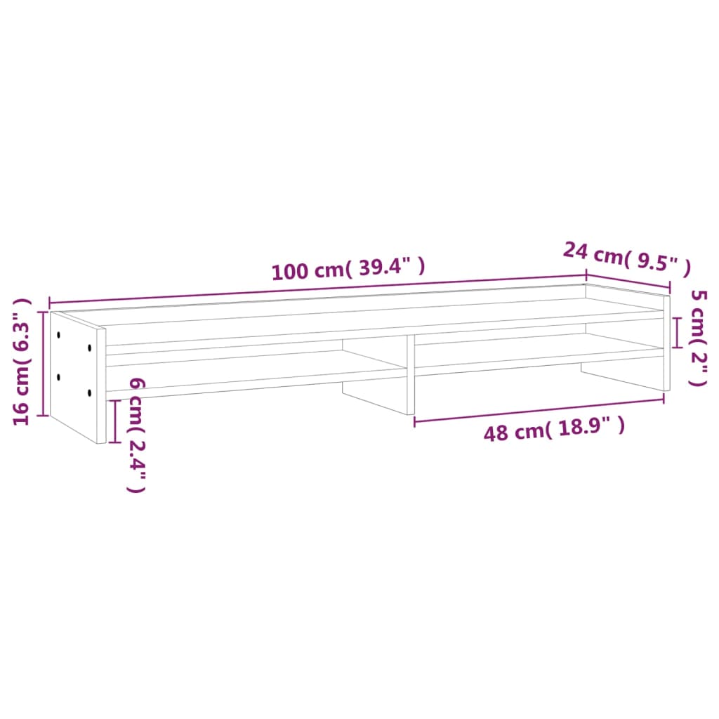 vidaXL Podstawka na monitor, 100x24x16 cm, lite drewno sosnowe