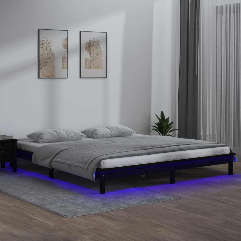 vidaXL Rama łóżka z LED, czarna, 120x190 cm, podwójna, lite drewno