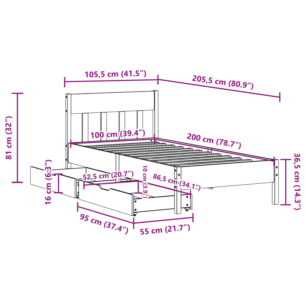 vidaXL Rama łóżka bez materaca, biała, 100x200 cm, lite drewno sosnowe