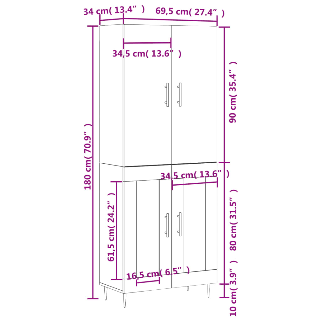 vidaXL Witrynka, szarość betonu 69,5x34x180 cm materiał drewnopochodny