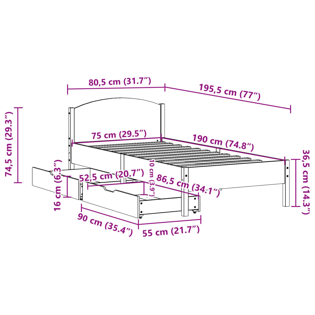 vidaXL Rama łóżka bez materaca, 75x190 cm, lite drewno sosnowe