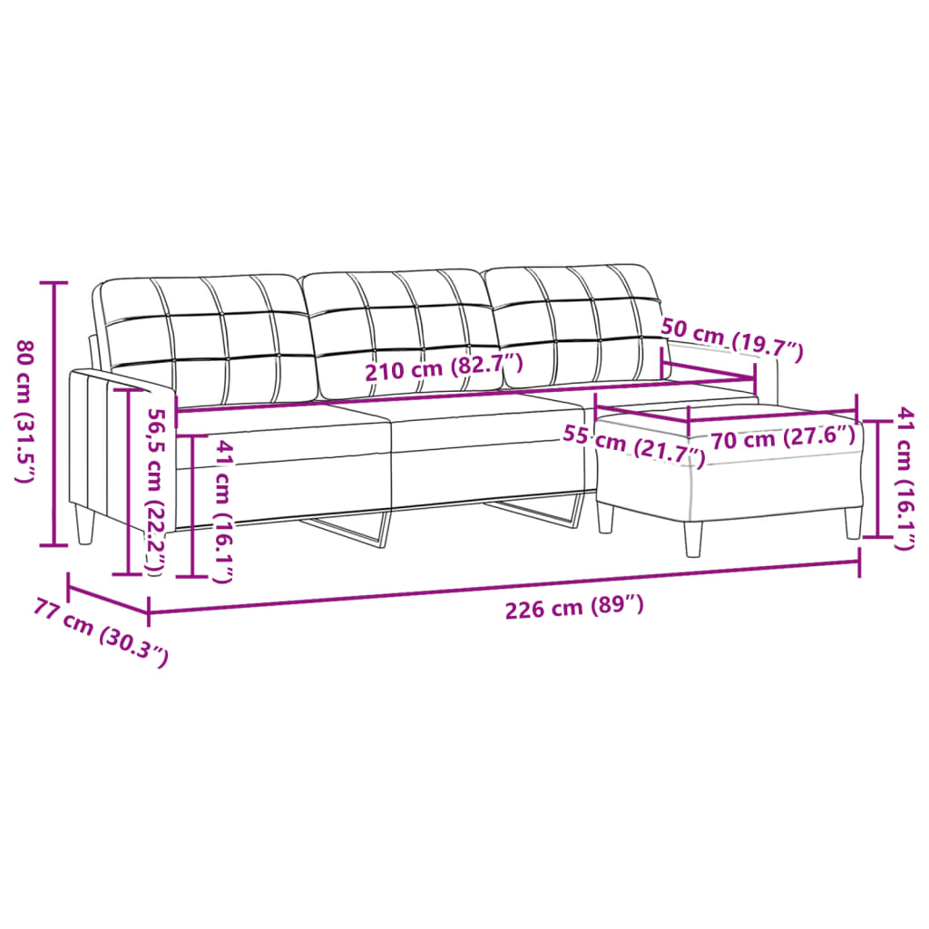 vidaXL 3-osobowa sofa z podnóżkiem, ciemnoszara, 210 cm, tkaniną