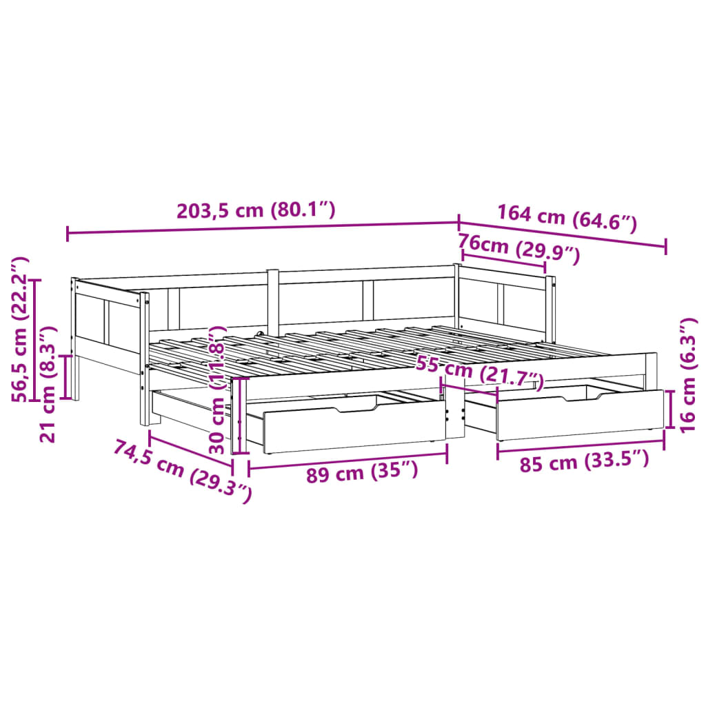 vidaXL Sofa rozsuwana z szufladami, bez materaca, 80x200 cm