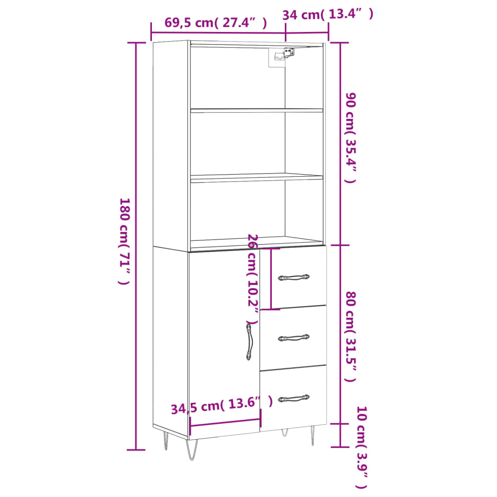 vidaXL Witrynka, czarna, 69,5x34x180 cm, materiał drewnopochodny