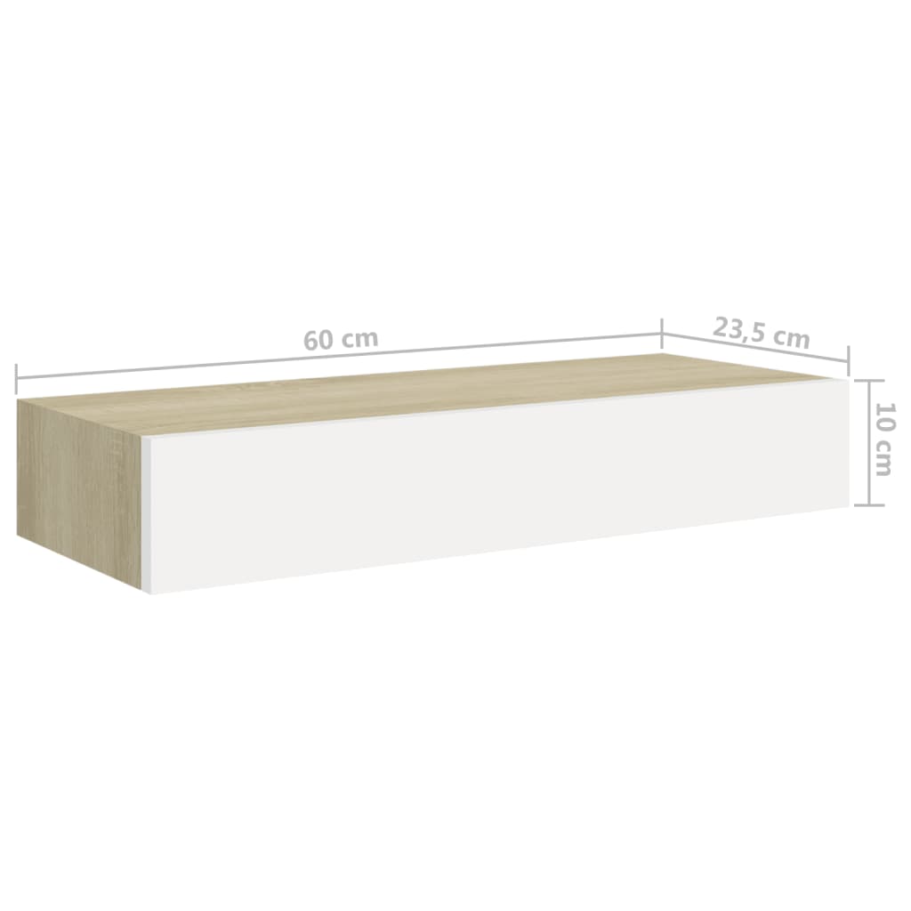 vidaXL Półki ścienne z szufladą 2 szt., dąb i biel, 60x23,5x10 cm, MDF