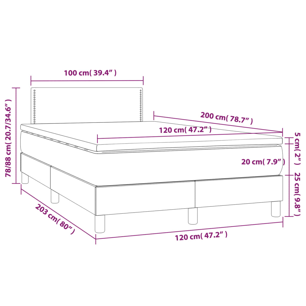 vidaXL Łóżko kontynentalne z materacem i LED, różowy aksamit 120x200cm