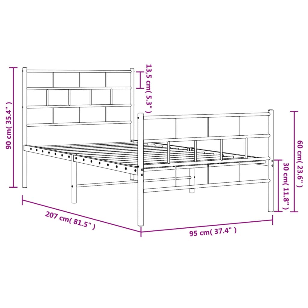 vidaXL Metalowa rama łóżka z wezgłowiem i zanóżkiem, biała, 90x200 cm