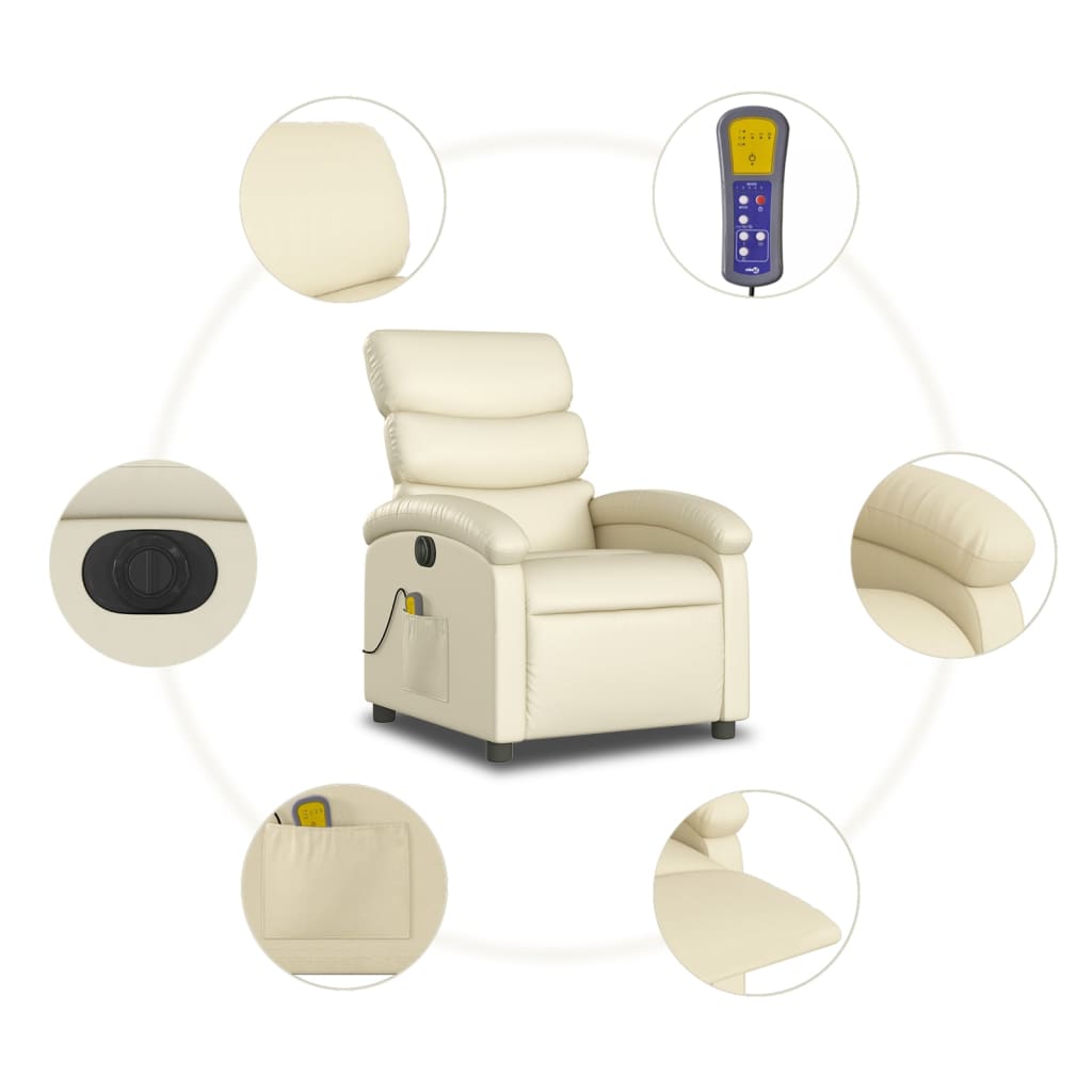 vidaXL Rozkładany fotel masujący, elektryczny, kremowy, sztuczna skóra