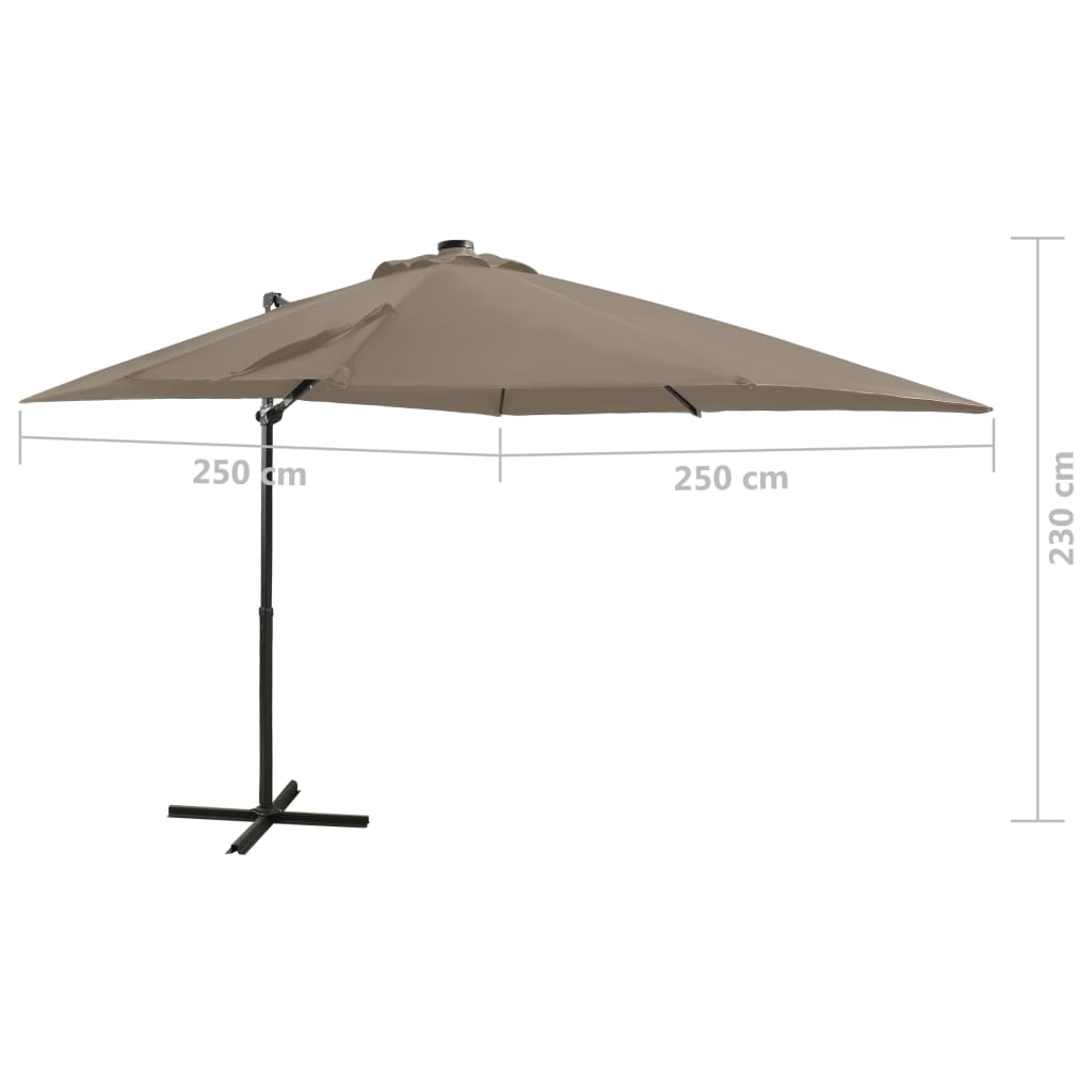 vidaXL Parasol wiszący z lampkami LED i słupkiem, 250 cm, taupe