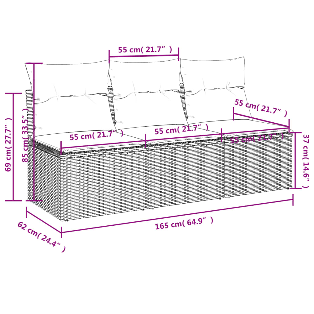 vidaXL Sofa ogrodowa z poduszkami, 3-osobowa, czarna, polirattan